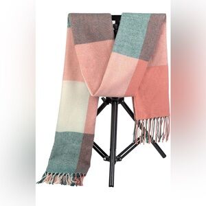 Plaid Fringe Scarf in Pink and Green
